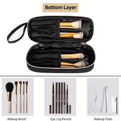 Quilted Cosmetic Bag Double Layer Makeup Brush Organizer Travel Toiletry Storage