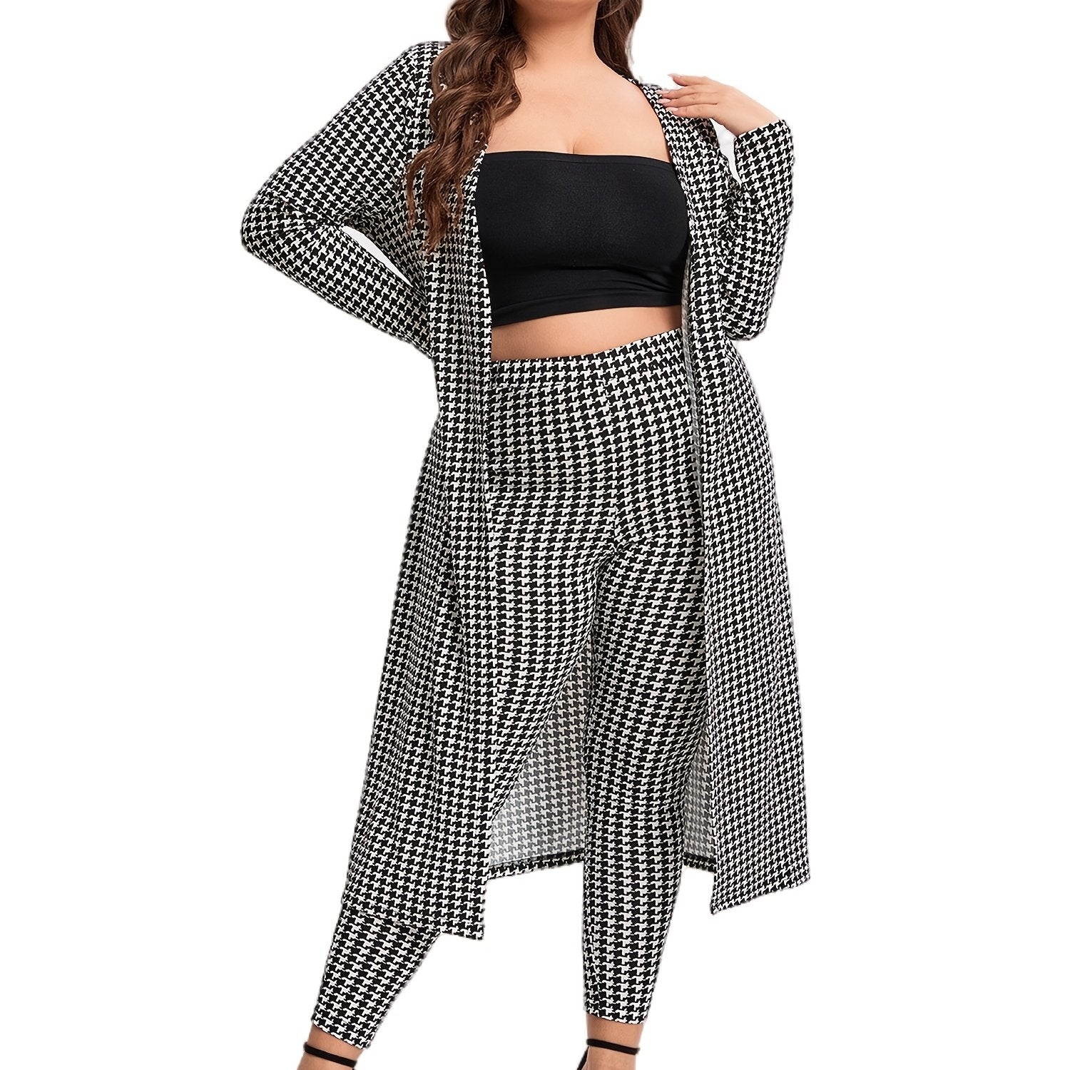  Houndstooth Print Cardigan & Skinny Pants Set