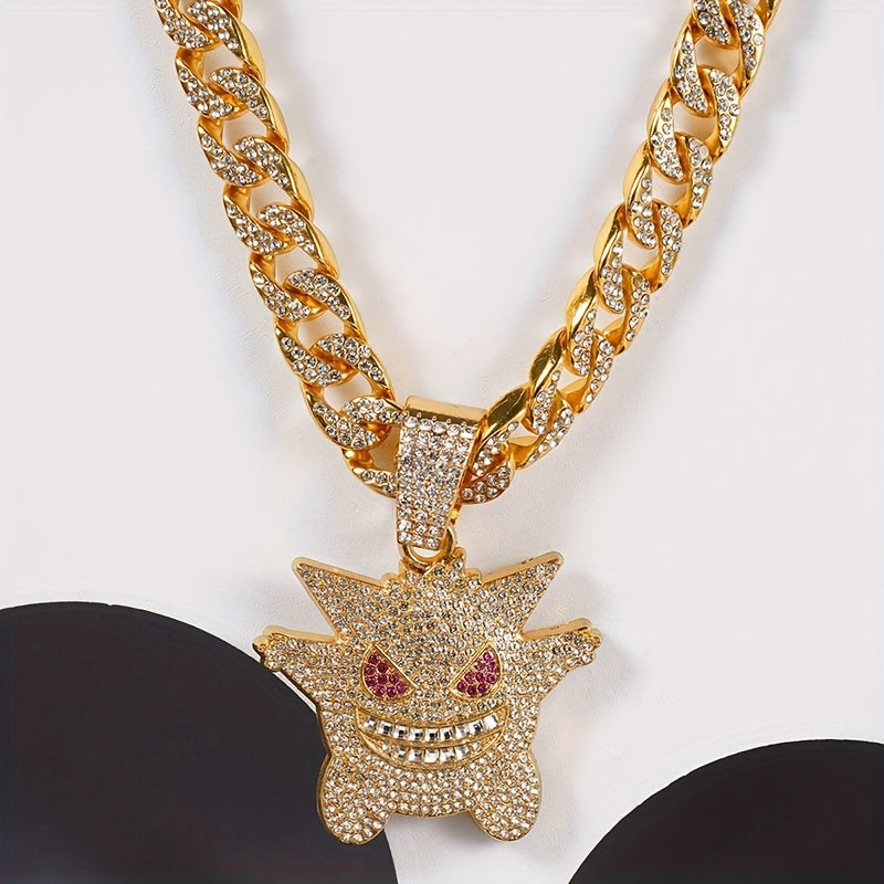 Women's Hip Hop Punk Ghost Pendant Necklace with Rhinestones Glitter Cuban Chain