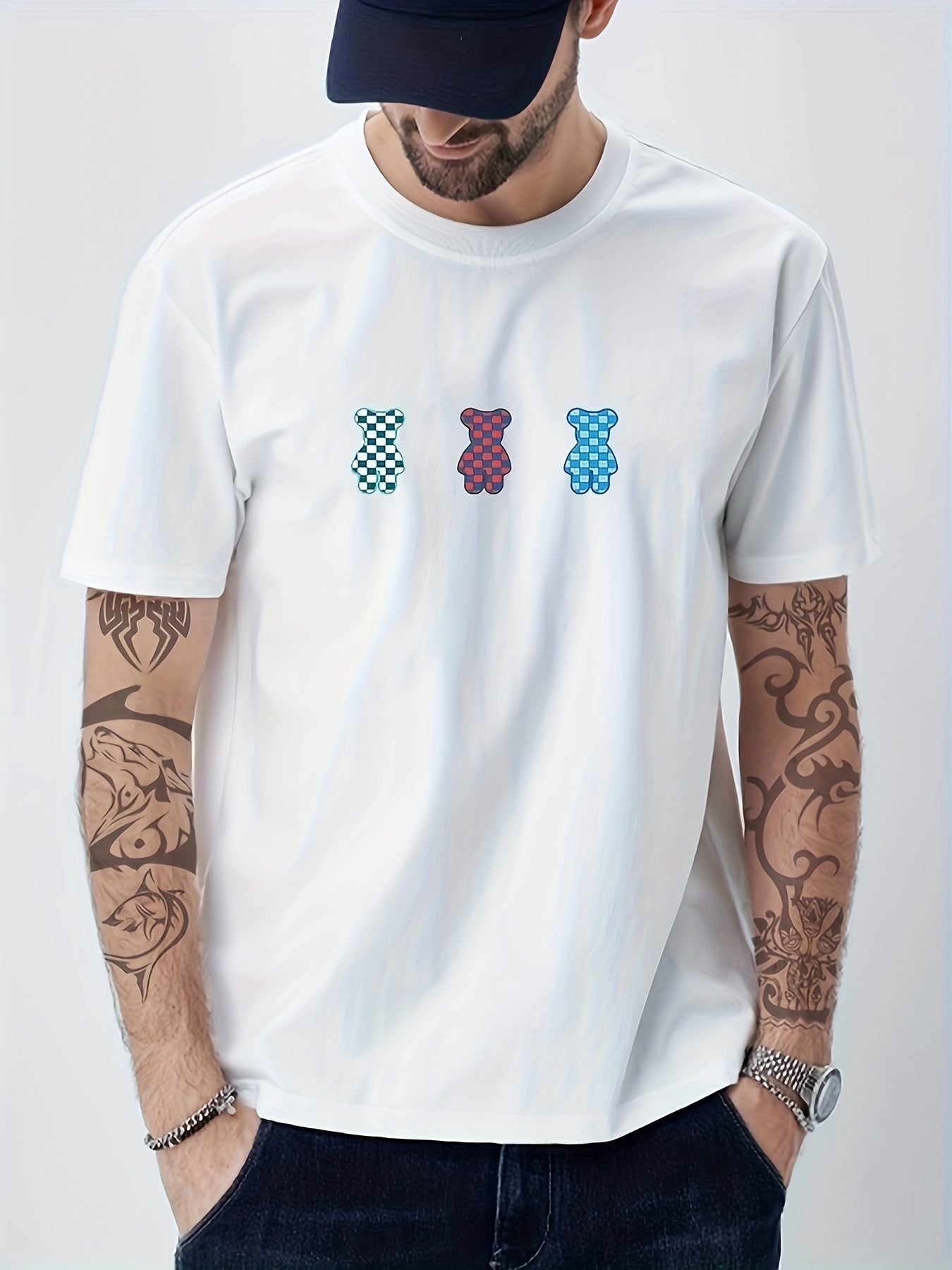 Cotton Bear Print Men's Graphic Crew Neck T shirt for Summer