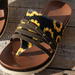 Sunflower Pattern Clip Toe Thin Strap Women's Sandals Hollow Out Flat Sandals
