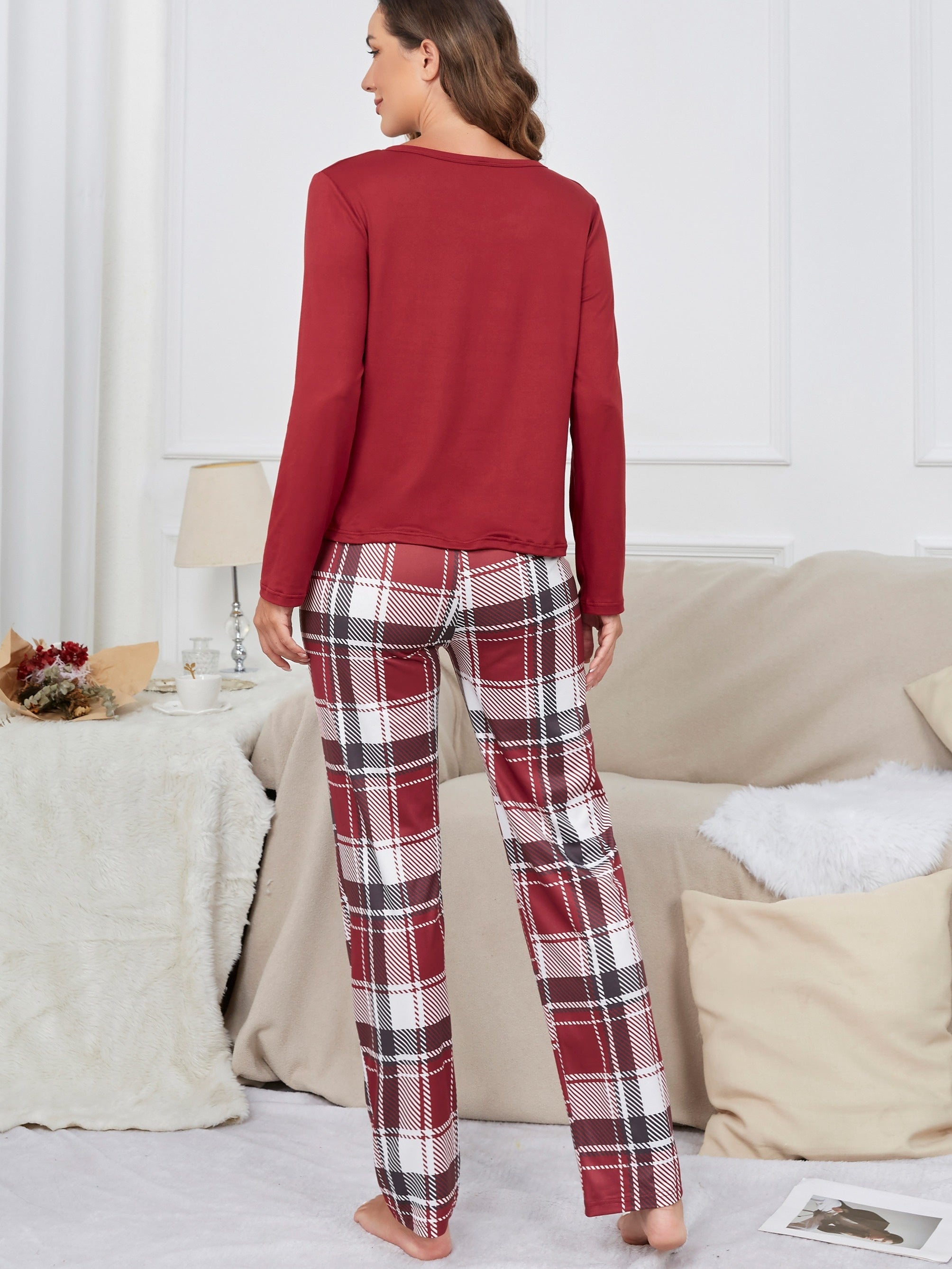 Bear Print Pajama Set Long Sleeve Top & Plaid Pants