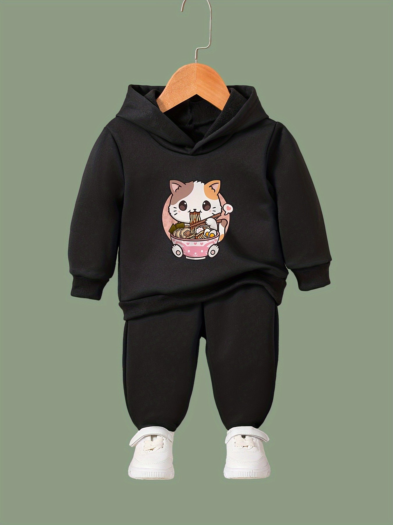 Cartoon Cat & Ramen Print Hoodie & Pants Set - Girl's Sporty Clothes