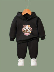 Cartoon Cat & Ramen Print Hoodie & Pants Set - Girl's Sporty Clothes