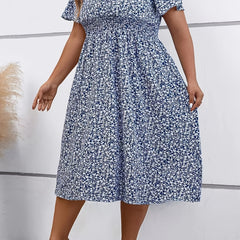 Women's Plus Allover Ditsy Print V Neck Midi Dress