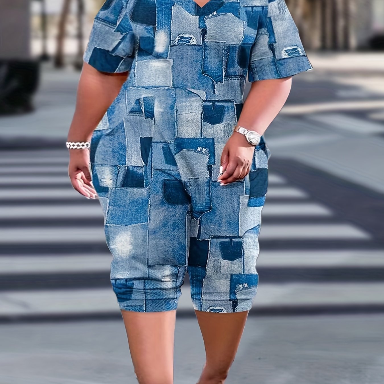  Denim Print V Neck Jumpsuit with Pockets