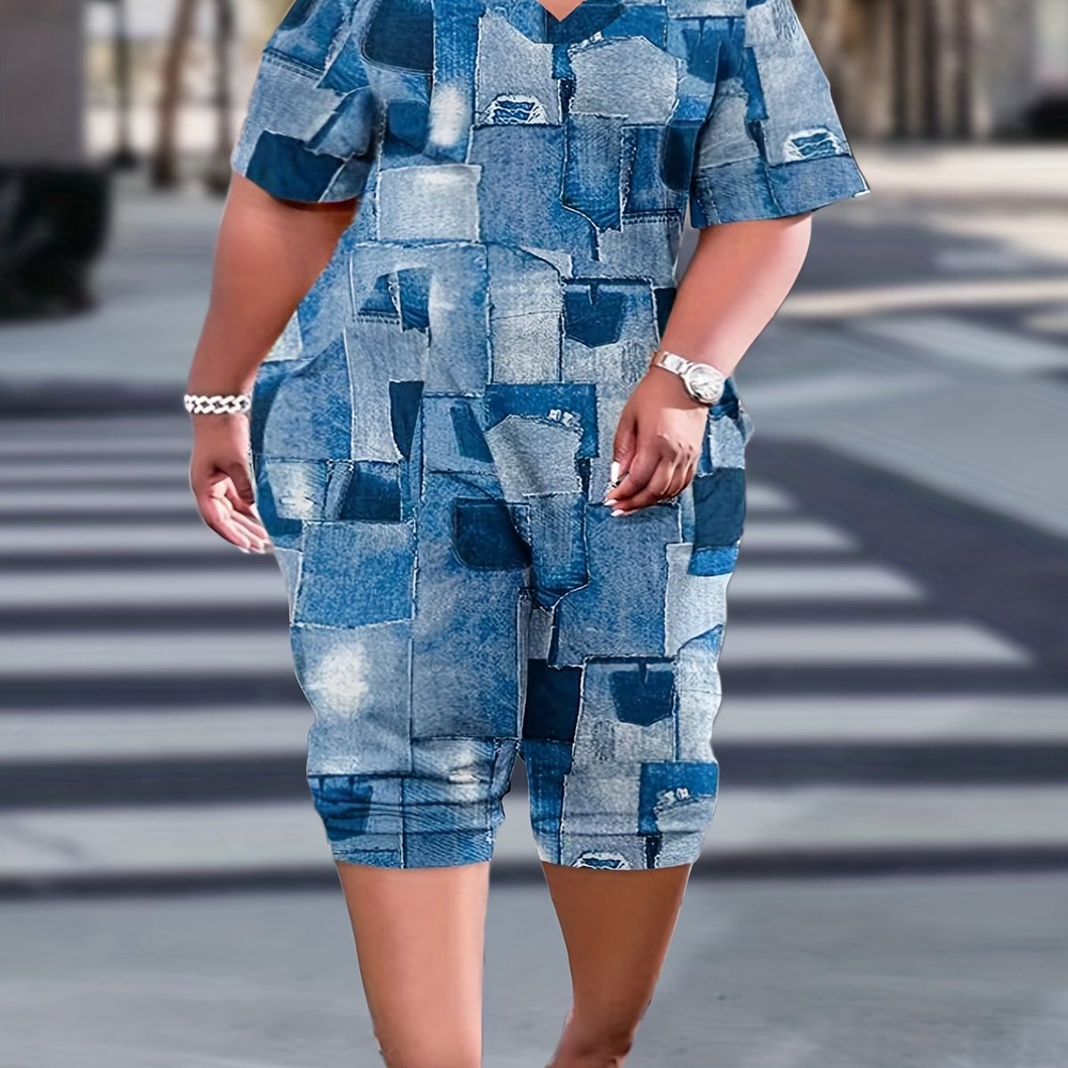  Denim Print V Neck Jumpsuit with Pockets