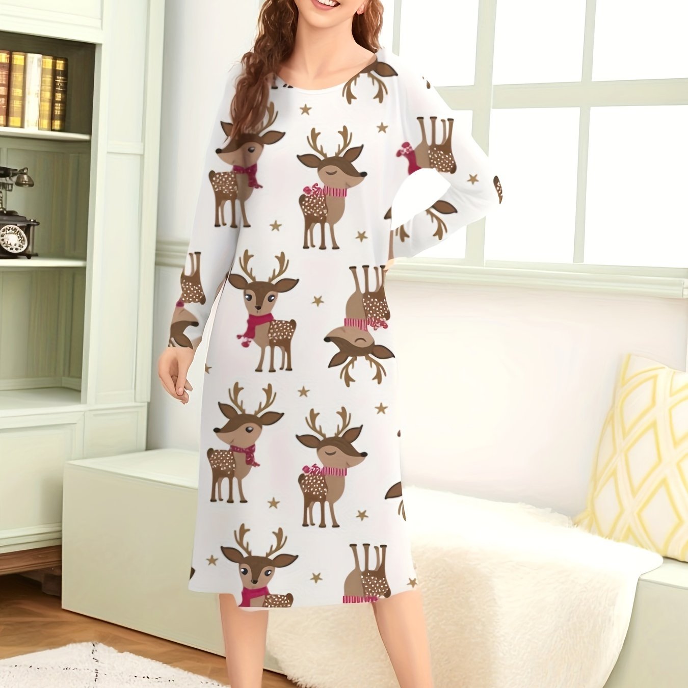 Christmas Elk Print NightDress Long Sleeve Pajama Dress Women's Sleepwear