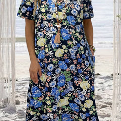  Floral Print Short Sleeve Round Neck Dress With Pockets