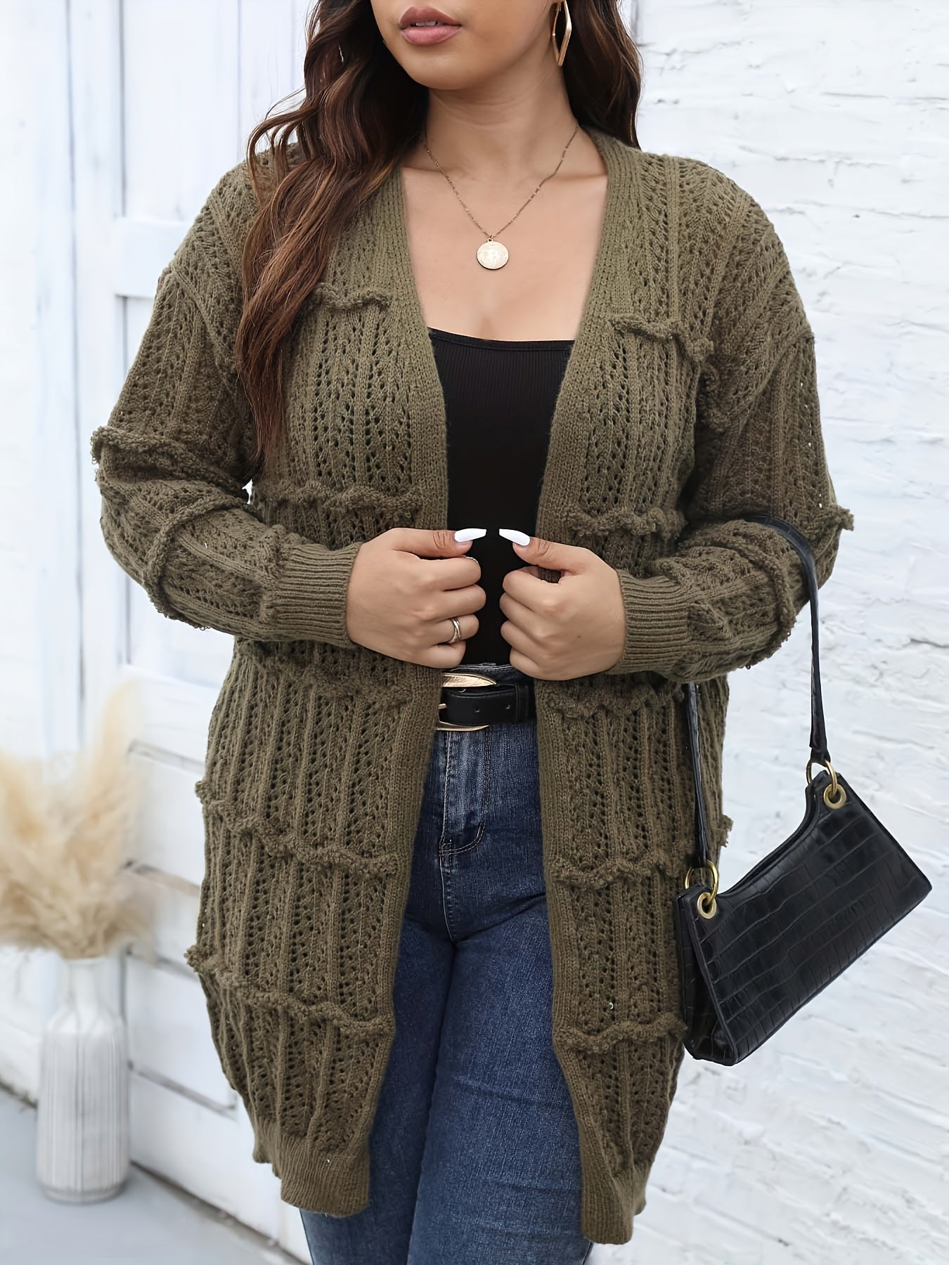  Lantern Sleeve Open Front Knit Duster Cardigan