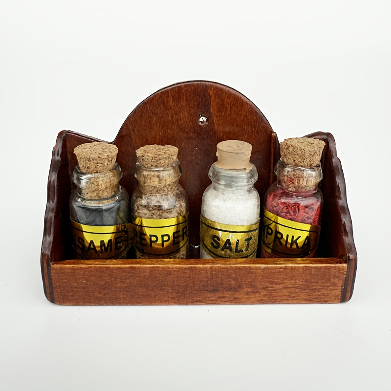 1:12 Scale Wooden Spice Rack w/ 4 Glass Bottles - Dollhouse Kitchen Decor