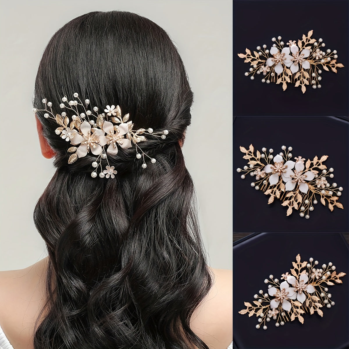 Golden Bridal Hair Comb Floral Pearl Wedding Comb Dainty Gift For Her