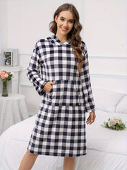 Plaid Fuzzy Hooded Night Robe Colorblock Robe With Pockets
