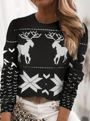  Christmas Reindeer & Geometric Print Long Sleeve Sweater