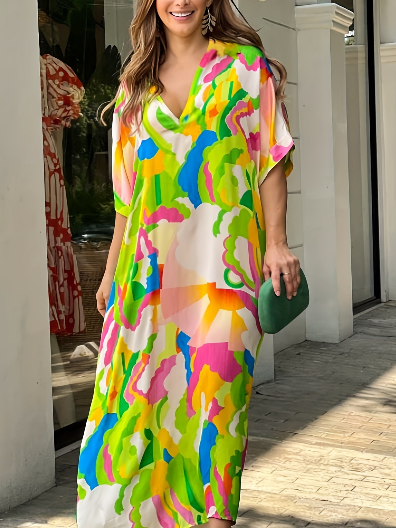 Plus Size Casual Dress Women's Plus Allover Print Bat Sleeve V Neck Maxi Dress