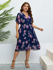 Women's Plus Floral Print Flutter Sleeve Midi Dress