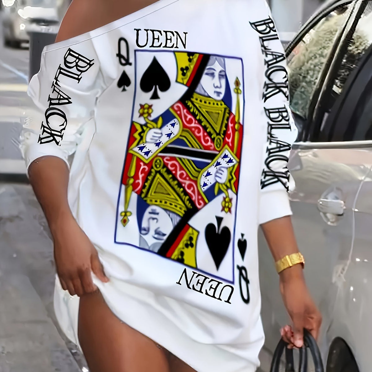  Casual Dress Women's Plus Letter & Poker Print Long Sleeve Dress
