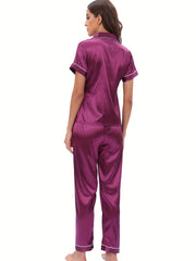 Satin Pajama Set Short Sleeve & Elastic Waistband Pants Women's Sleepwear