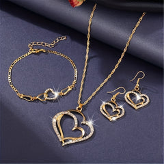 Double Heart Necklace Earrings Bracelet Set Romantic