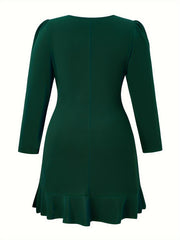  Solid Long Sleeve Ruffle Trim Dress