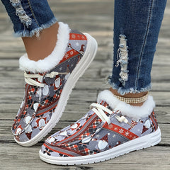 Women's Christmas Santa Print Snow Boots Winter Lace up Flats