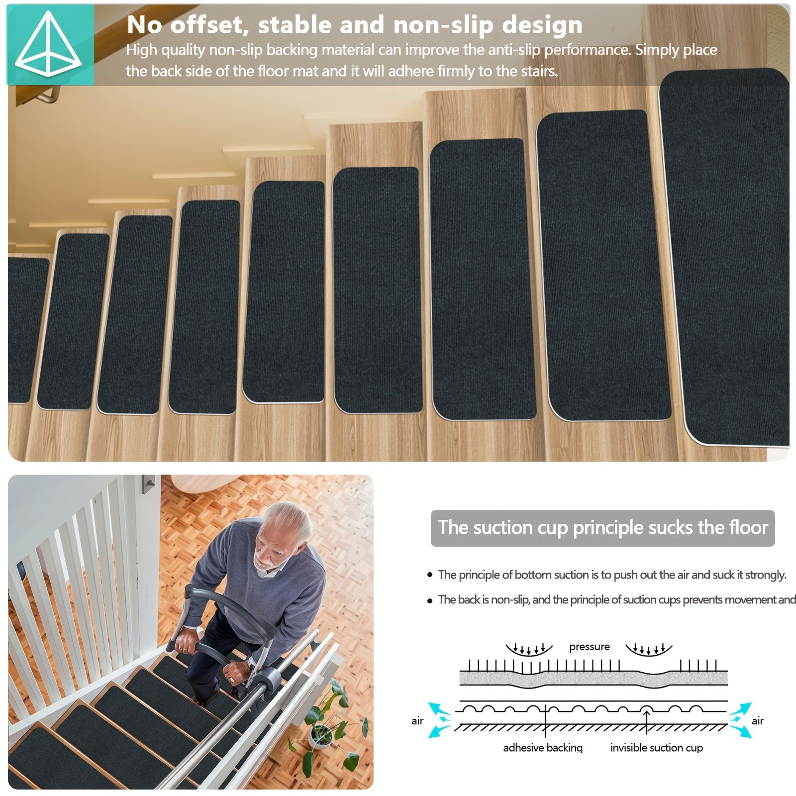 15pcs Stair Tread Carpet Anti-slip Step Mat Home Decor