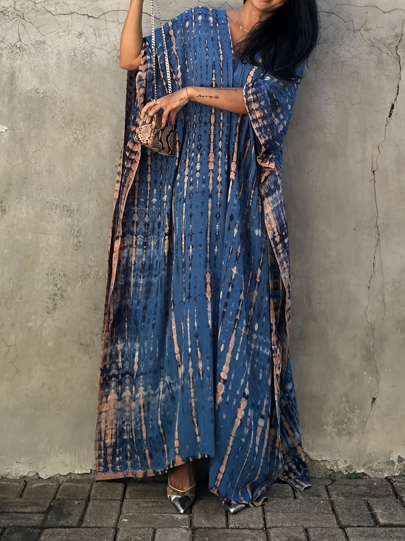  Boho Cover Up Tie Dye Striped Bat Sleeve V Neck Split Max