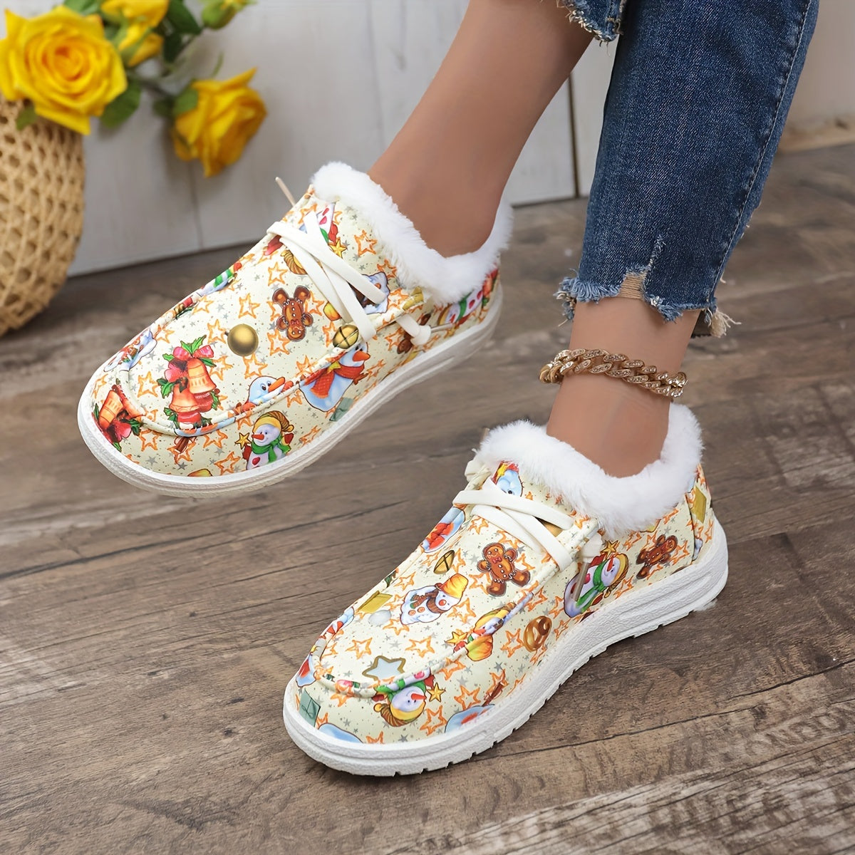Christmas Plush Lined Loafers Shoes for Fall Winter