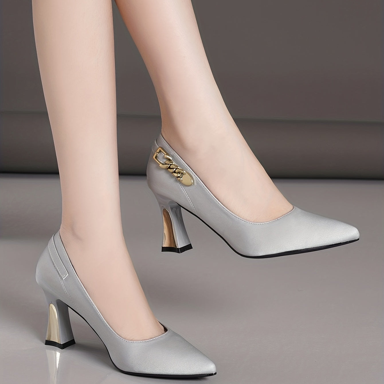 Women's Chain Decor Chunky Heels Faux Leather Pumps Pointed Toe