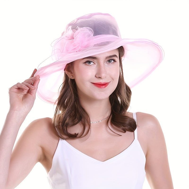 Organza Sun Hat Wide Brim Solid Derby Hat Ruffles Flower Beach Hats