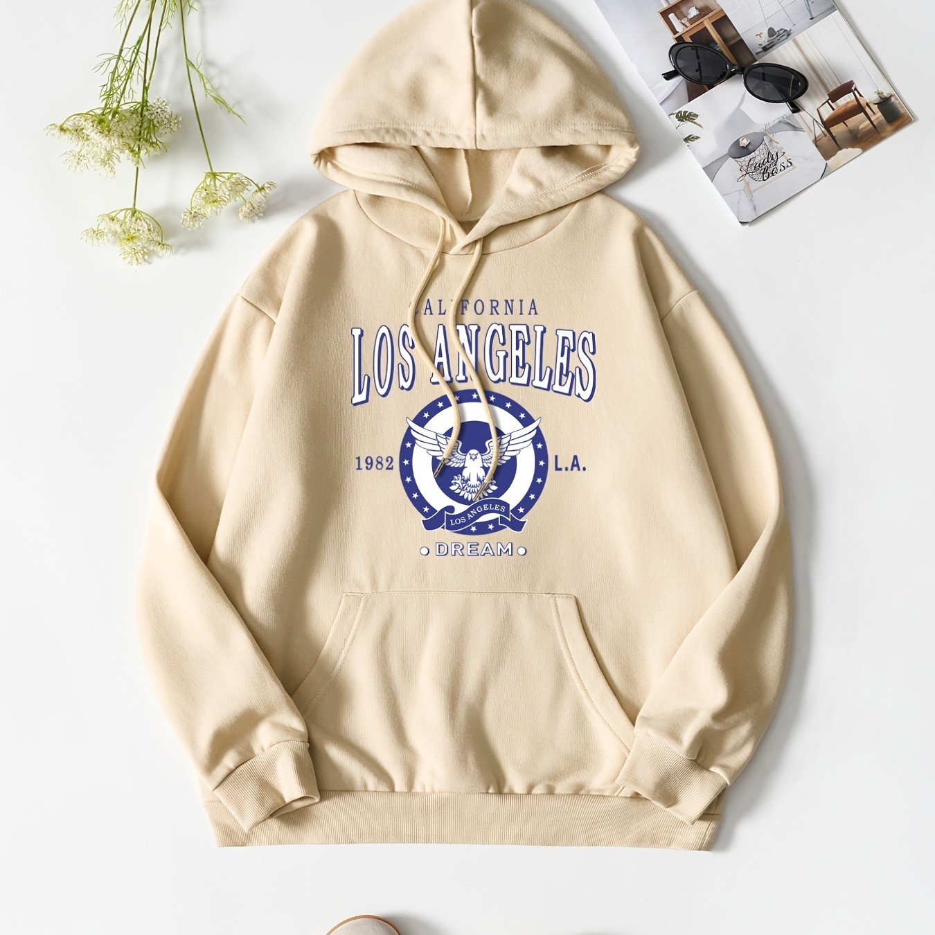 Solid Letter Print Hooded Sweatshirt Women's Clothing