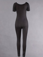 Sexy Short Sleeve Jumpsuit High Stretch Solid Color