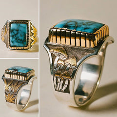 Men's Retro Colored Mushroom Turquoise Square Ring