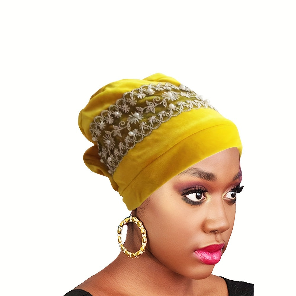 Velvet Lace Turban Cap Faux Pearl Head Wrap