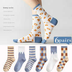 6 Pairs Cartoon College Style Socks Ribbed Mid Tube Stockings