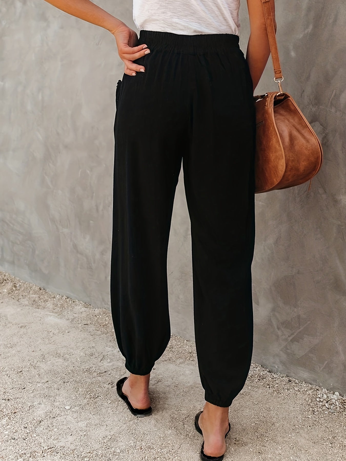 Ruched Pants Elastic High Waist Cropped Pants With Pockets