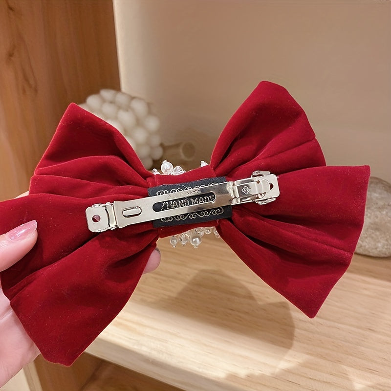 Bow & Faux Pearl Hair Clip Velvet Barrette Headwear