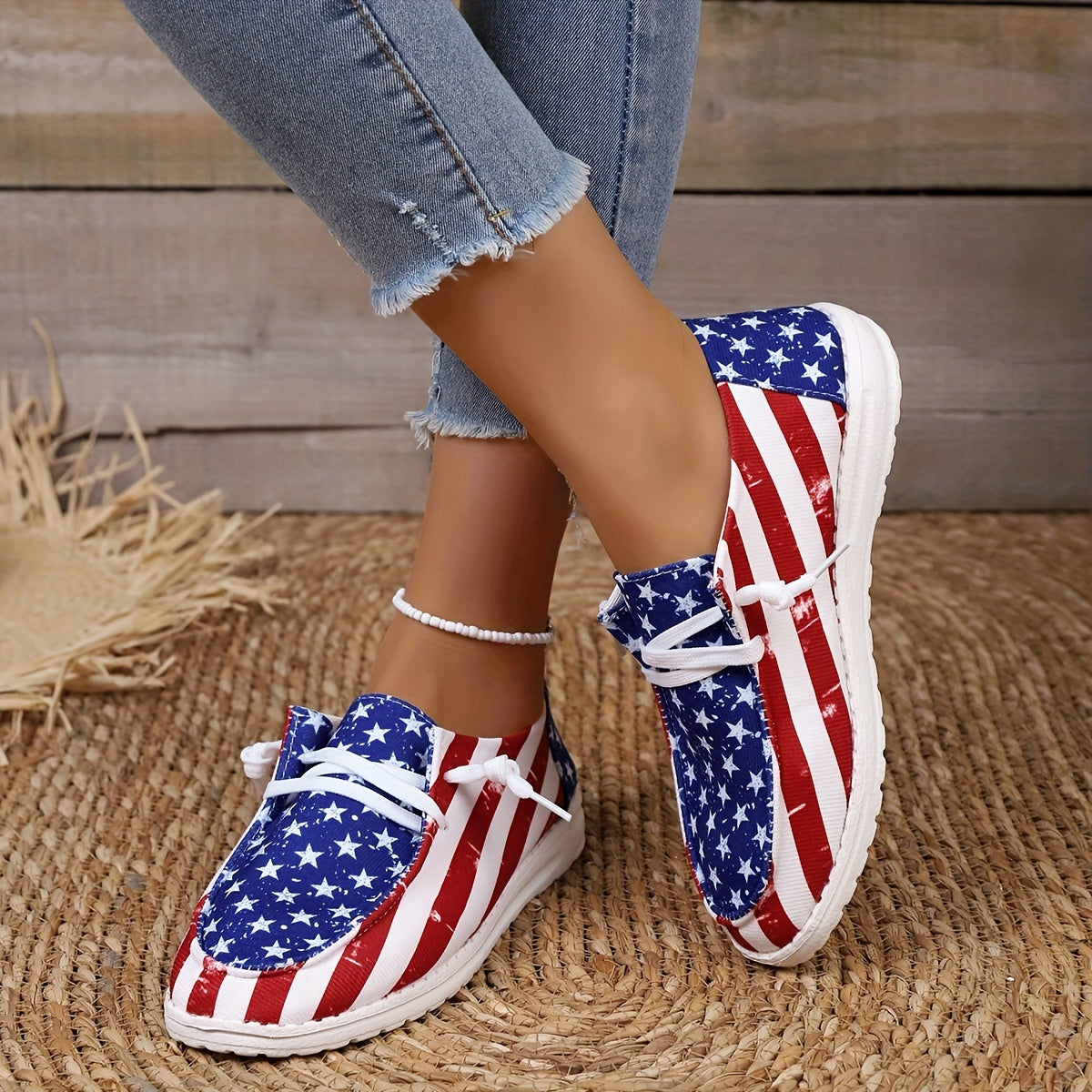 Women's Flag Pattern Elements Sneakers Low Top Slip-On Canvas Shoes Independence