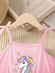 Girls Unicorn Print Bow Straps Cami Jumpsuit Kids Summer Clothes