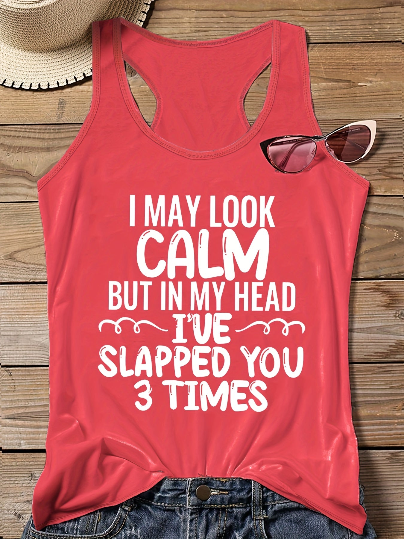  Casual Tank Top Women's Plus Slogan Print Round Neck Vest Top