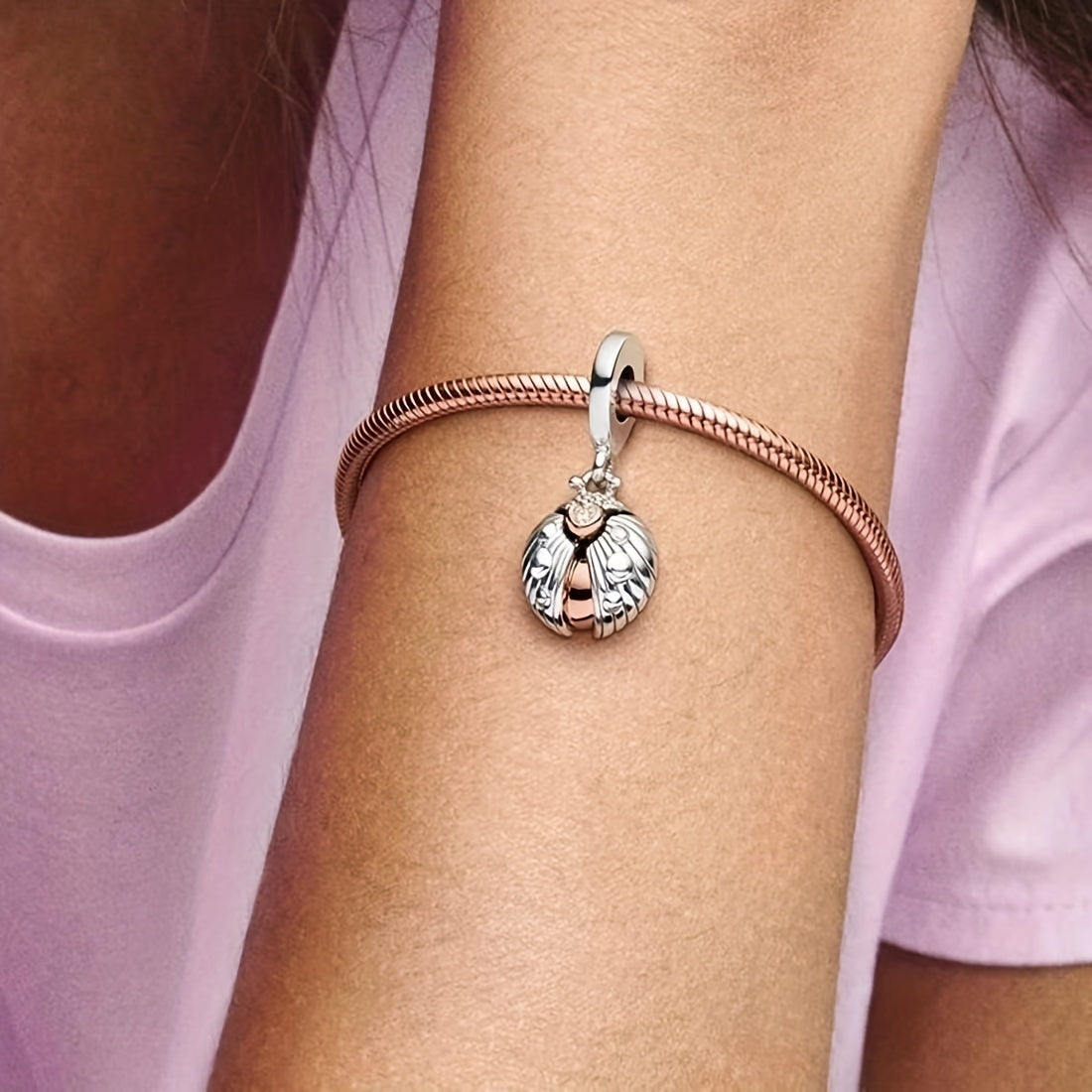 Ladybug Charm Pendant Silver Plated Rhinestone Bead Bracelet Jewelry