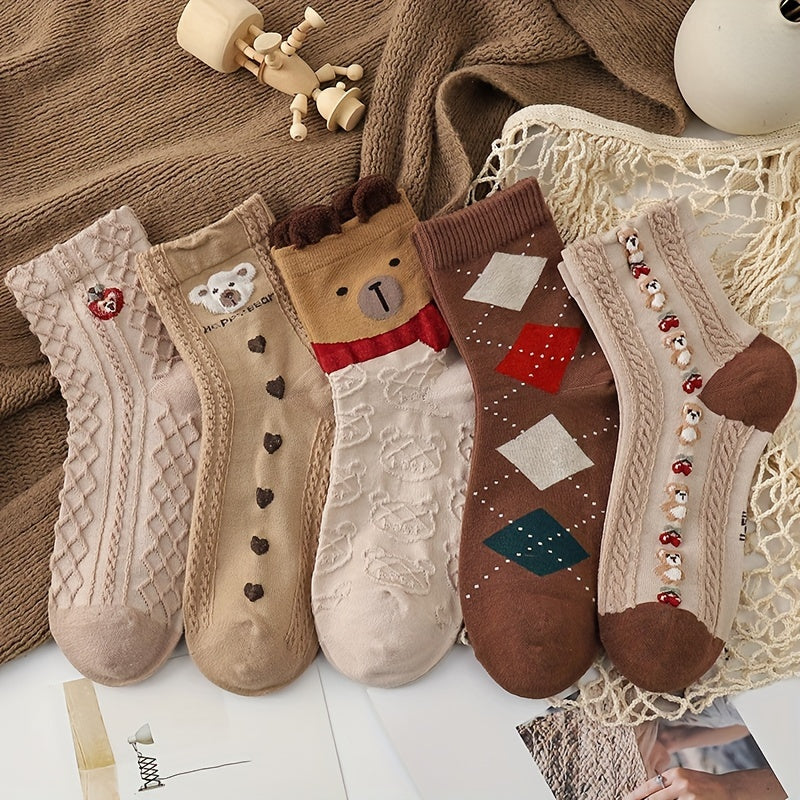 5 Pairs Bear Print Mid Tube Socks Women's Stockings