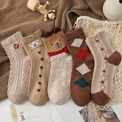 5 Pairs Bear Print Mid Tube Socks Women's Stockings