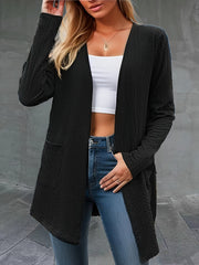  Solid Jacquard Long Sleeve Cardigan Pockets