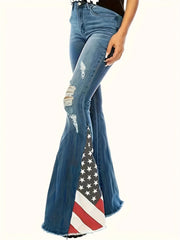 Plus Colorblock Flag Print Ripped High Stretch Flared Jeans