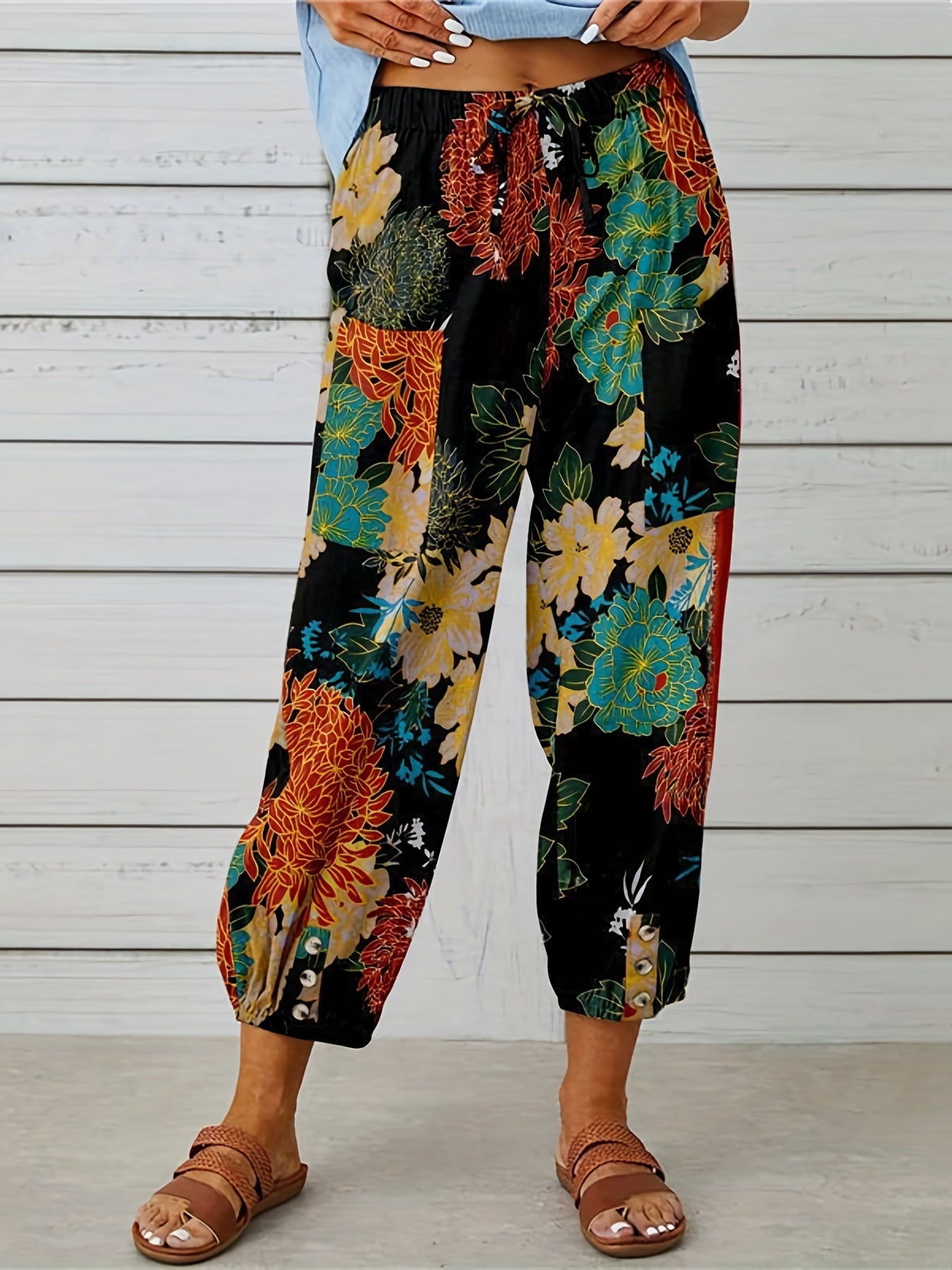 Vacay Pants Women's Plus Tropical Print Elastic Drawstring Trousers