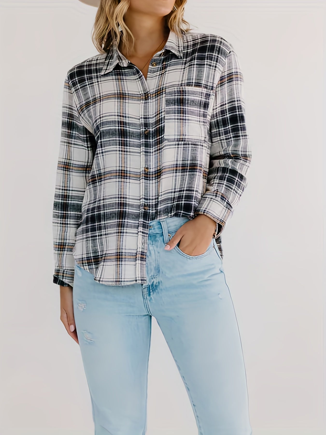  Plaid Print Long Sleeve Button Up Shirt