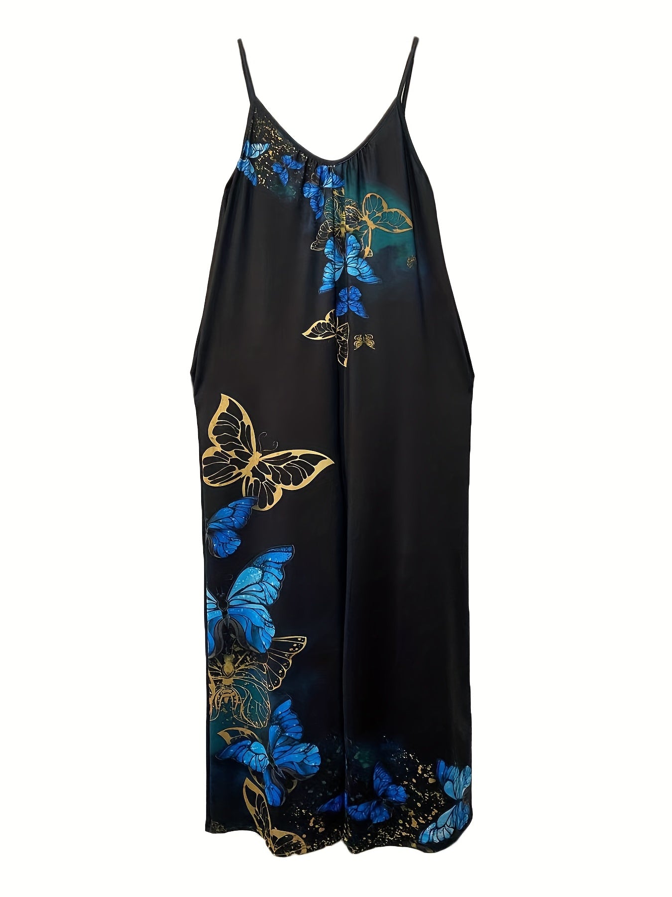  Butterfly Print V Neck Wide Leg Jumpsuit