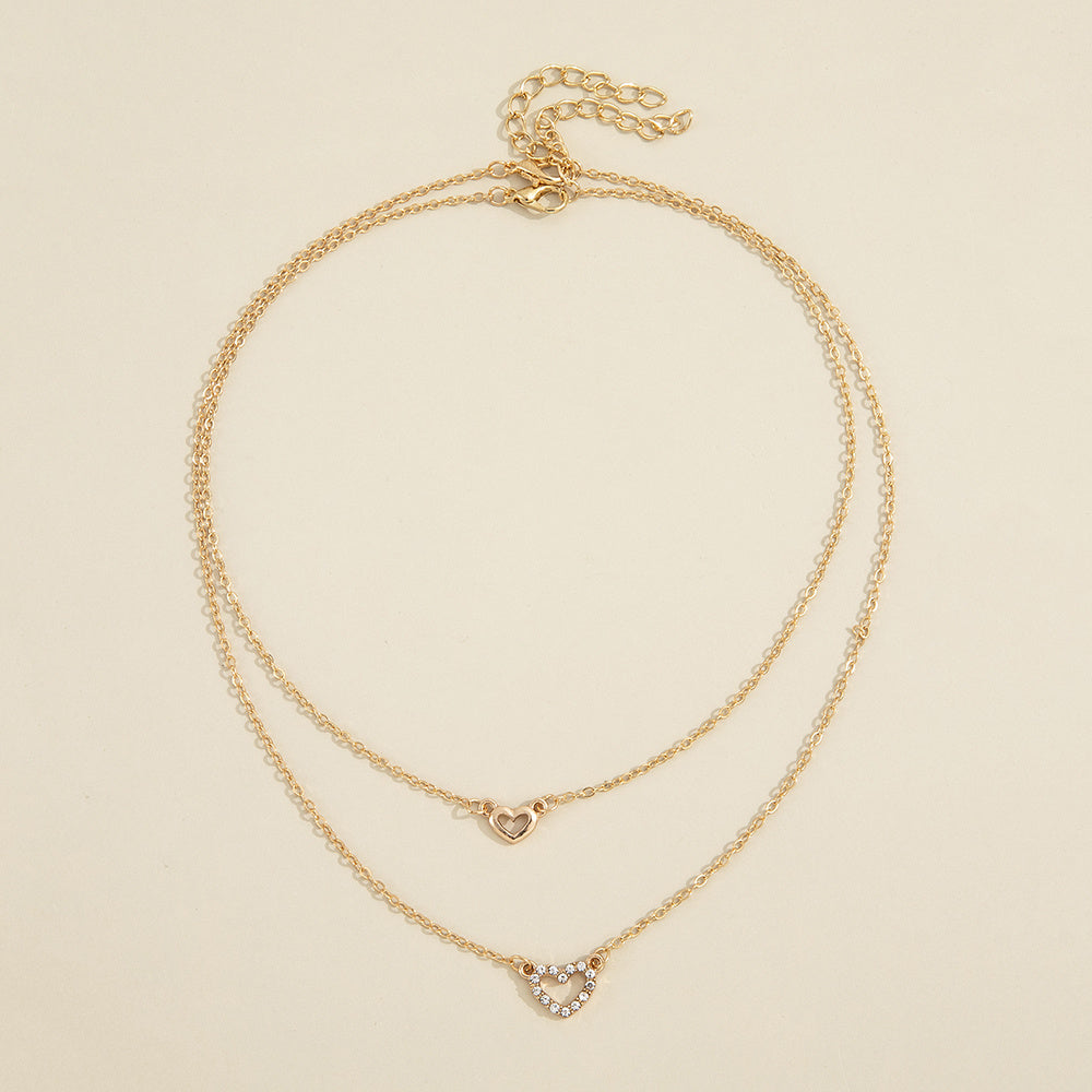 Love Faux Diamond Stacked Necklace Female Peach Heart Clavicle Chain 2pcs