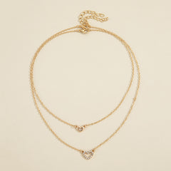 Love Faux Diamond Stacked Necklace Female Peach Heart Clavicle Chain 2pcs